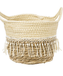 GloboStar® GloboStar® Artificial Garden MYKONOS 20278 Διακοσμητικό Πλεκτό Καλάθι - Κασπώ Γλάστρα - Flower Pot Μπεζ με Μακραμέ Φ18cm x Υ15cm