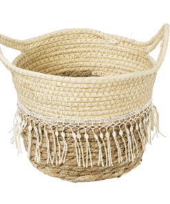 Alternative view of GloboStar® Artificial Garden MYKONOS 20278 Διακοσμητικό Πλεκτό Καλάθι - Κασπώ Γλάστρα - Flower Pot Μπεζ με Μακραμέ Φ18cm x Υ15cm