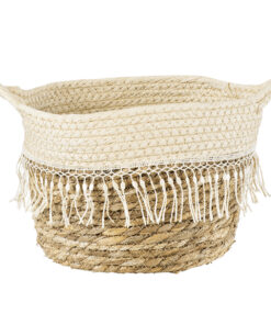 GloboStar® GloboStar® Artificial Garden MYKONOS 20279 Διακοσμητικό Πλεκτό Καλάθι - Κασπώ Γλάστρα - Flower Pot Μπεζ με Μακραμέ Φ22cm x Υ15cm