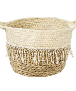 GloboStar® GloboStar® Artificial Garden MYKONOS 20280 Διακοσμητικό Πλεκτό Καλάθι - Κασπώ Γλάστρα - Flower Pot Μπεζ με Μακραμέ Φ25cm x Υ19cm