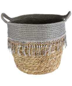 GloboStar® GloboStar® Artificial Garden SYROS 20282 Διακοσμητικό Πλεκτό Καλάθι - Κασπώ Γλάστρα - Flower Pot Μπεζ με Γκρι Φ25 x Υ22cm