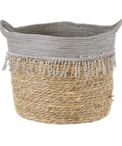 GloboStar® GloboStar® Artificial Garden SYROS 20283 Διακοσμητικό Πλεκτό Καλάθι - Κασπώ Γλάστρα - Flower Pot Μπεζ με Γκρι Φ28cm x Υ24cm