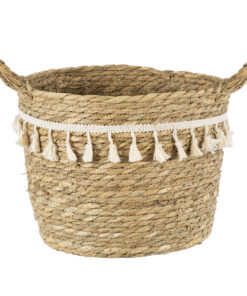 GloboStar® GloboStar® Artificial Garden SANTORINI 20285 Διακοσμητικό Πλεκτό Καλάθι - Κασπώ Γλάστρα - Flower Pot Μπεζ με Μακραμέ Φ25cm x Υ23cm