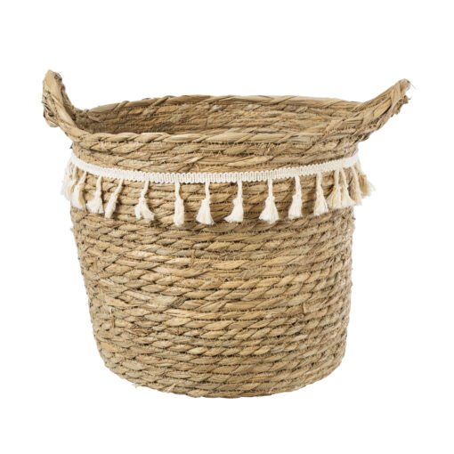 GloboStar® GloboStar® Artificial Garden SANTORINI 20286 Διακοσμητικό Πλεκτό Καλάθι - Κασπώ Γλάστρα - Flower Pot Μπεζ με Μακραμέ Φ31cm x Υ29cm