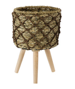 GloboStar® GloboStar® Artificial Garden SAMOS 20303 Διακοσμητικό Πλεκτό Καλάθι - Κασπώ Γλάστρα - Flower Pot Μπεζ με Καφέ Φ22cm x Υ34cm