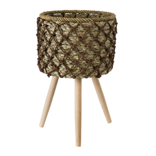 GloboStar® GloboStar® Artificial Garden SAMOS 20304 Διακοσμητικό Πλεκτό Καλάθι - Κασπώ Γλάστρα - Flower Pot Μπεζ με Καφέ Φ27cm x Υ45cm