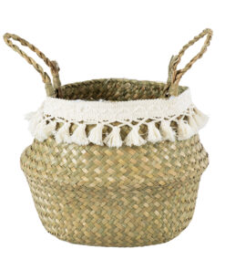 GloboStar® GloboStar® Artificial Garden MILOS 20306 Διακοσμητικό Ψάθινο Καλάθι - Κασπώ Γλάστρα - Flower Pot Μπεζ με Μακραμέ Φ17cm x Υ23cm