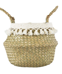 GloboStar® Artificial Garden MILOS 20306 Διακοσμητικό Ψάθινο Καλάθι - Κασπώ Γλάστρα - Flower Pot Μπεζ με Μακραμέ Φ17cm x Υ23cm 12 20306 4