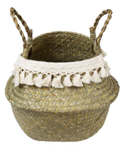 Alternative view of GloboStar® Artificial Garden MILOS 20307 Διακοσμητικό Ψάθινο Καλάθι - Κασπώ Γλάστρα - Flower Pot Μπεζ με Μακραμέ Φ21cm x Υ26cm