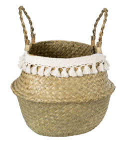 GloboStar® GloboStar® Artificial Garden MILOS 20308 Διακοσμητικό Ψάθινο Καλάθι - Κασπώ Γλάστρα - Flower Pot Μπεζ με Μακραμέ Φ32cm x Υ28cm