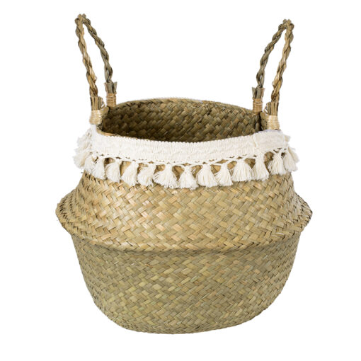 GloboStar® GloboStar® Artificial Garden MILOS 20308 Διακοσμητικό Ψάθινο Καλάθι - Κασπώ Γλάστρα - Flower Pot Μπεζ με Μακραμέ Φ32cm x Υ28cm
