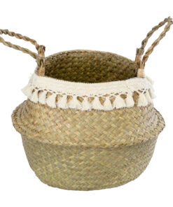 Alternative view of GloboStar® Artificial Garden MILOS 20308 Διακοσμητικό Ψάθινο Καλάθι - Κασπώ Γλάστρα - Flower Pot Μπεζ με Μακραμέ Φ32cm x Υ28cm