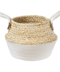GloboStar® GloboStar® Artificial Garden KIMOLOS 20310 Διακοσμητικό Πλεκτό Καλάθι - Κασπώ Γλάστρα - Flower Pot Μπεζ με Λευκό Φ22cm x Υ26cm