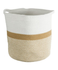 GloboStar® GloboStar® Artificial Garden ITHAKI 20325 Διακοσμητικό Πλεκτό Καλάθι - Κασπώ Γλάστρα - Flower Pot Μπεζ με Λευκό Φ30 x Υ30cm