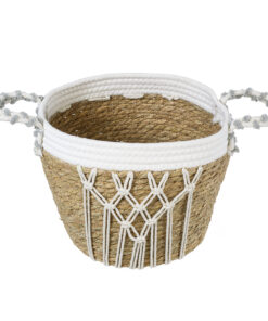 GloboStar® Artificial Garden SARDINIA 20335 ΣΕΤ 3 Διακοσμητικά Πλεκτά Καλάθια - Κασπώ Γλάστρες - Flower Pots Μπεζ με Μακραμέ A:Φ25cm x Υ20cm B:Φ30cm x Υ27cm C:Φ35cm x Υ30cm 37 20335 15