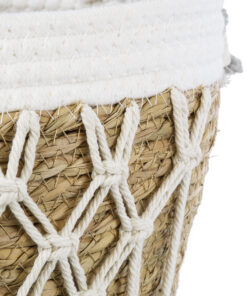 GloboStar® Artificial Garden SARDINIA 20335 ΣΕΤ 3 Διακοσμητικά Πλεκτά Καλάθια - Κασπώ Γλάστρες - Flower Pots Μπεζ με Μακραμέ A:Φ25cm x Υ20cm B:Φ30cm x Υ27cm C:Φ35cm x Υ30cm 40 20335 18