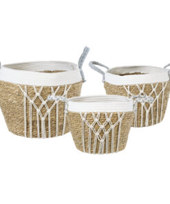 GloboStar® GloboStar® Artificial Garden SARDINIA 20335 ΣΕΤ 3 Διακοσμητικά Πλεκτά Καλάθια - Κασπώ Γλάστρες - Flower Pots Μπεζ με Μακραμέ A:Φ25cm x Υ20cm B:Φ30cm x Υ27cm C:Φ35cm x Υ30cm
