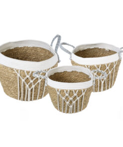 Alternative view of GloboStar® Artificial Garden SARDINIA 20335 ΣΕΤ 3 Διακοσμητικά Πλεκτά Καλάθια - Κασπώ Γλάστρες - Flower Pots Μπεζ με Μακραμέ A:Φ25cm x Υ20cm B:Φ30cm x Υ27cm C:Φ35cm x Υ30cm