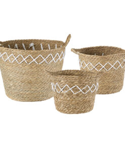 GloboStar® GloboStar® Artificial Garden ZAKYNTHOS 20336 ΣΕΤ 3 Διακοσμητικά Πλεκτά Καλάθια - Κασπώ Γλάστρες - Flower Pots Μπεζ με Μακραμέ A:Φ24cm x Υ20cm B:Φ28cm x Υ24cm C:Φ32cm x Υ28cm