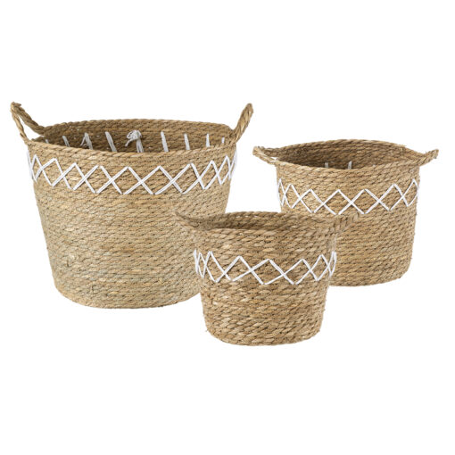 GloboStar® GloboStar® Artificial Garden ZAKYNTHOS 20336 ΣΕΤ 3 Διακοσμητικά Πλεκτά Καλάθια - Κασπώ Γλάστρες - Flower Pots Μπεζ με Μακραμέ A:Φ24cm x Υ20cm B:Φ28cm x Υ24cm C:Φ32cm x Υ28cm
