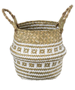 GloboStar® GloboStar® Artificial Garden SYMI 20338 Διακοσμητικό Ψάθινο Καλάθι - Κασπώ Γλάστρα - Flower Pot Μπεζ με Λευκό Φ18cm x Υ20cm