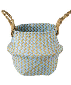 GloboStar® GloboStar® Artificial Garden SKYROS 20340 Διακοσμητικό Ψάθινο Καλάθι - Κασπώ Γλάστρα - Flower Pot Μπλε με Καφέ Φ18cm x Υ20cm