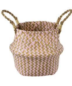 GloboStar® GloboStar® Artificial Garden LEROS 20341 Διακοσμητικό Ψάθινο Καλάθι - Κασπώ Γλάστρα - Flower Pot Ροζ με Καφέ Φ18cm x Υ20cm
