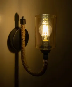 Alternative view of GloboStar® RIFT 203-0002 Vintage Επιτοίχιο Φωτιστικό Απλίκα Σχοινί Μονόφωτο 1 x E27 IP20 Μαύρο Μέταλλο με Μπεζ Σχοινί με Φιμέ Γυαλί - Μ12 x Π24 x Υ31cm