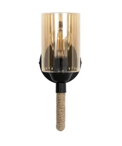 GloboStar® RIFT 203-0002 Vintage Επιτοίχιο Φωτιστικό Απλίκα Σχοινί Μονόφωτο 1 x E27 IP20 Μαύρο Μέταλλο με Μπεζ Σχοινί με Φιμέ Γυαλί - Μ12 x Π24 x Υ31cm 10 203 0002 3