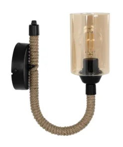 GloboStar® RIFT 203-0002 Vintage Επιτοίχιο Φωτιστικό Απλίκα Σχοινί Μονόφωτο 1 x E27 IP20 Μαύρο Μέταλλο με Μπεζ Σχοινί με Φιμέ Γυαλί - Μ12 x Π24 x Υ31cm 11 203 0002 4