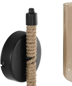 GloboStar® RIFT 203-0002 Vintage Επιτοίχιο Φωτιστικό Απλίκα Σχοινί Μονόφωτο 1 x E27 IP20 Μαύρο Μέταλλο με Μπεζ Σχοινί με Φιμέ Γυαλί - Μ12 x Π24 x Υ31cm 13 203 0002 6