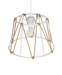 GLOBOSTAR® JUTE 203-0091 Μοντέρνο Κρεμαστό Φωτιστικό Οροφής με Ντουί 1 x E27 AC 220-240V IP20 - Λευκό & Μπεζ - Μ30 x Π30 x Υ23cm 17 203 0091 6