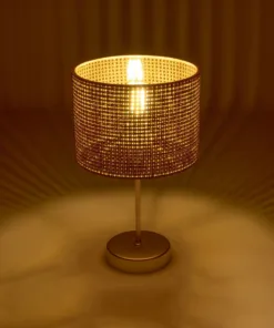 Alternative view of GloboStar® WIZ 203-0181 Μοντέρνο Επιτραπέζιο Φωτιστικό Πορτατίφ Μονόφωτο 1 x E27 IP20 Χρυσο Μέταλλο με Καφέ & Μπεζ Διάτρητο Ύφασμα - Μ22 x Π22 x Υ36.5cm