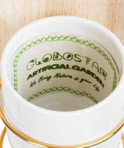 GloboStar® Artificial Garden IKARIA 20472 Επιτοίχιο Πήλινο Κεραμικό Κασπώ Γλάστρα με Ξύλινη Βάση - Flower Pot Μπεζ με Λευκό & Χρυσό Φ13cm x Υ23cm 14 20472 6