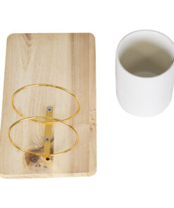 GloboStar® Artificial Garden IKARIA 20472 Επιτοίχιο Πήλινο Κεραμικό Κασπώ Γλάστρα με Ξύλινη Βάση - Flower Pot Μπεζ με Λευκό & Χρυσό Φ13cm x Υ23cm 15 20472 7