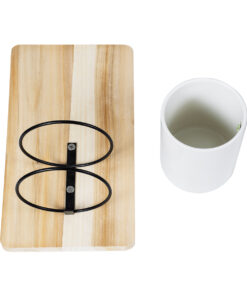 GloboStar® Artificial Garden SPETSES 20473 Επιτοίχιο Πήλινο Κεραμικό Κασπώ Γλάστρα με Ξύλινη Βάση - Flower Pot Μπεζ με Λευκό & Μαύρο Φ13cm x Υ23cm 15 20473 7