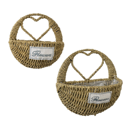 GloboStar® GloboStar® Artificial Garden MALTA 20478 ΣΕΤ 2 Επιτοίχια Ρατάν Πλεκτά Κασπώ Γλάστρες - Flower Pots Μπεζ A:Φ24cm x Υ14cm B:Φ30cm x Υ26cm