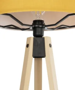 GloboStar® SAGA 204-0045 Μοντέρνο Eπιδαπέδιο Φωτιστικό Μονόφωτο 1 x E27 IP20 Μπεζ Ξύλο με Κίτρινο Ύφασμα - Μ38 x Π38 x Υ140cm 13 204 0045 6