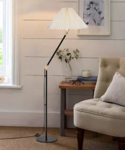 GloboStar® FLY 204-0127 Μοντέρνο Eπιδαπέδιο Φωτιστικό Μονόφωτο 1 x E27 IP20 Μαύρο & Χρυσό Μέταλλο με Μπεζ Ύφασμα - Μ38 x Π38 x Υ155cm 10 204 0127 5