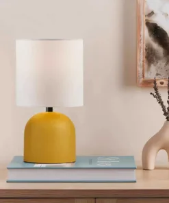 GloboStar® LOREN 204-0137 Μοντέρνο Eπιτραπέζιο Φωτιστικό Μονόφωτο 1 x E27 IP20 Κίτρινο Μέταλλο με Μπεζ Ύφασμα - Μ15 x Π15 x Υ31cm 8 204 0137 4