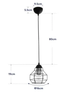 GLOBOSTAR® BUR 204-0180 Μοντέρνο Κρεμαστό Φωτιστικό Οροφής Μονόφωτο 1 x E27 AC 220-240V IP20 Μαύρο - Μ17 x Π17 x Υ23cm 20 204 0180 11