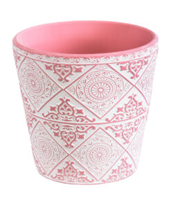 GloboStar® GloboStar® Artificial Garden CAIRO 20516 Διακοσμητικό Κεραμικό Κασπώ Γλάστρα - Flower Pot Λευκό με Ροζ Φ14 x Υ13cm
