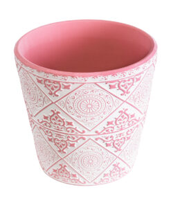 Alternative view of GloboStar® Artificial Garden CAIRO 20516 Διακοσμητικό Κεραμικό Κασπώ Γλάστρα - Flower Pot Λευκό με Ροζ Φ14 x Υ13cm