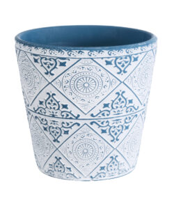 GloboStar® GloboStar® Artificial Garden CASABLANCA 20517 Διακοσμητικό Κεραμικό Κασπώ Γλάστρα - Flower Pot Λευκό με Μπλε Φ14 x Υ13cm