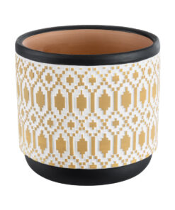 GloboStar® GloboStar® Artificial Garden VARANASI 20524 Διακοσμητικό Κεραμικό Κασπώ Γλάστρα - Flower Pot Χρυσό με Λευκό και Μαύρο Φ14.5 x Υ13cm