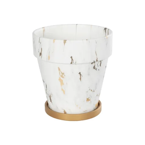 GloboStar® GloboStar® Artificial Garden DENPASAR 20526 Διακοσμητική Κεραμική Γλάστρα Λευκή με Χρυσό Μ20 x Π20 x Υ21 cm