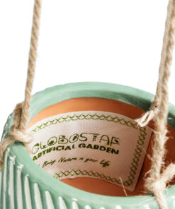 GloboStar® Artificial Garden BUBASTIS 20527 Κρεμαστό Διακοσμητικό Κεραμικό Κασπώ Γλάστρα - Flower Pot Λευκό με Πράσινο Φ13 x Υ10.5cm 15 20527 7