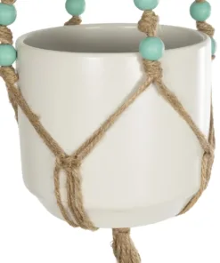 GloboStar® Artificial Garden PUEBLO 20532 Διακοσμητική Κεραμική Γλάστρα Λευκή με Μακραμέ Μ13 x Π13 x Υ12 cm 13 20532 7