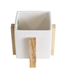 Alternative view of GloboStar® Artificial Garden VALETA 20541 Διακοσμητικό Κεραμικό Κασπώ Γλάστρα - Flower Pot Λευκό με Μπεζ Ξύλο Φ16 x Υ16cm