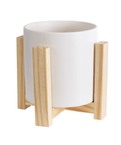 GloboStar® GloboStar® Artificial Garden PUERTO RICO 20542 Διακοσμητικό Κεραμικό Κασπώ Γλάστρα - Flower Pot Λευκό με Μπεζ Ξύλο Φ16 x Υ16cm